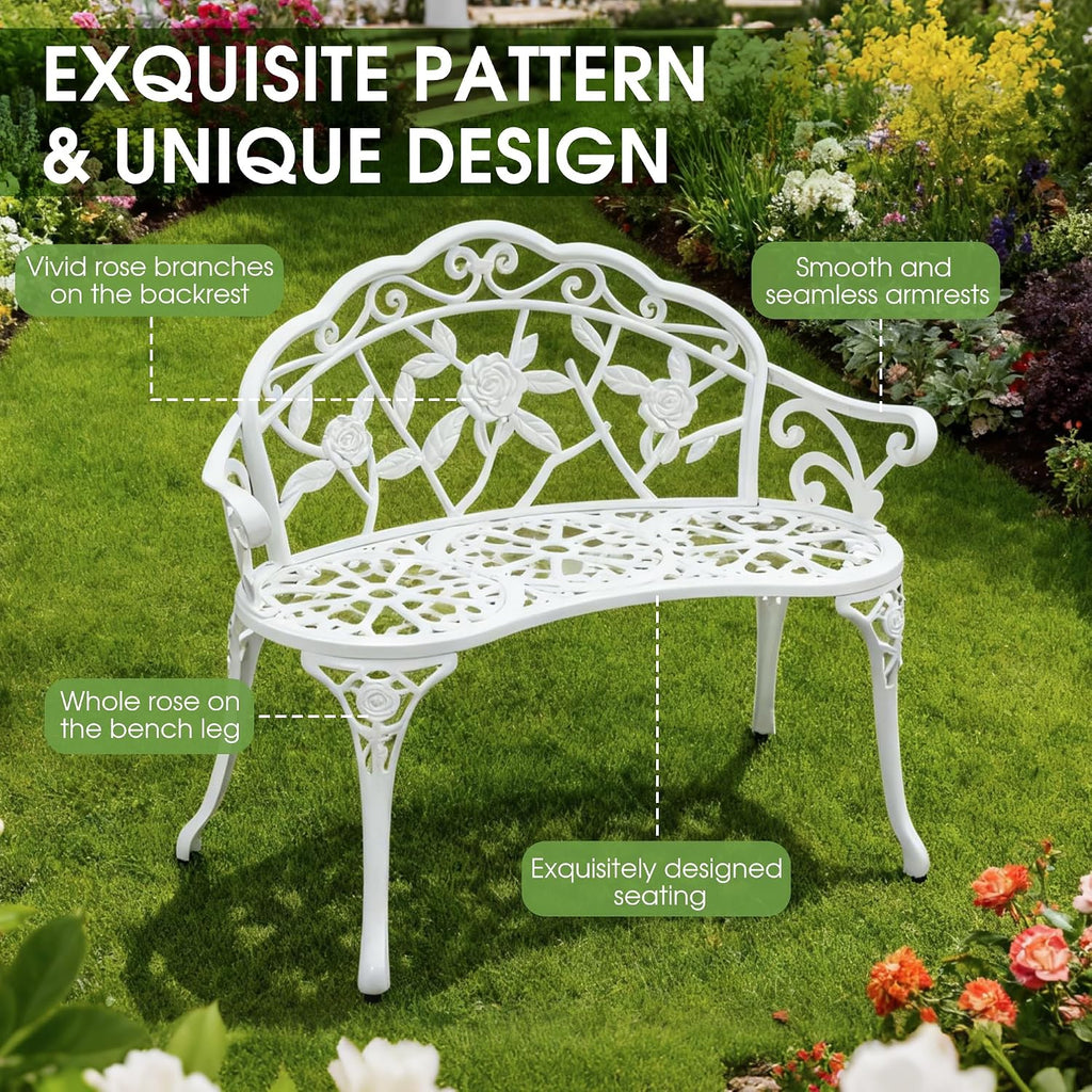 Outdoor Bench, Cast Aluminum Double Seating with Backrest and Armrests, Mental Outdoor Furniture , Porch, Garden