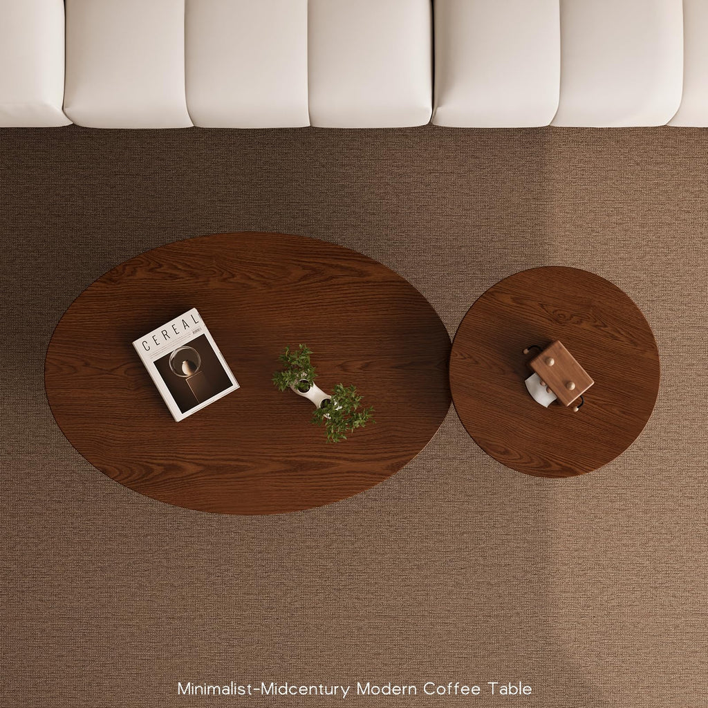 2 Pcs Small Oval Coffee, 31.5" Retro Walnut Coffee Tables Nesting Tables Set, Easy Assembly Mid Century Modern Coffee