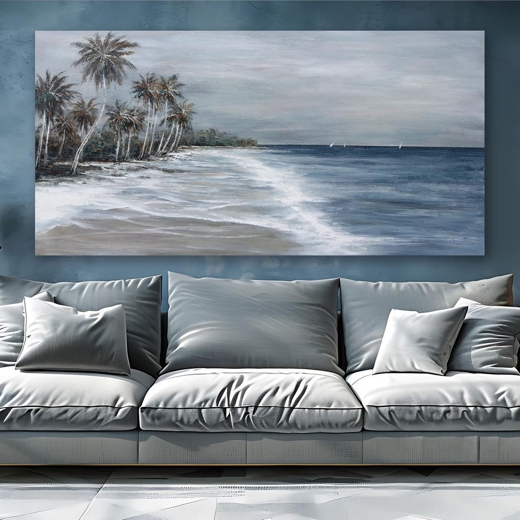 Coastal Wall Art Blue Gray Beach Wall Decor Landscape Abstract Canvas Painting Modern Ocean Artwork Framed Bedroom