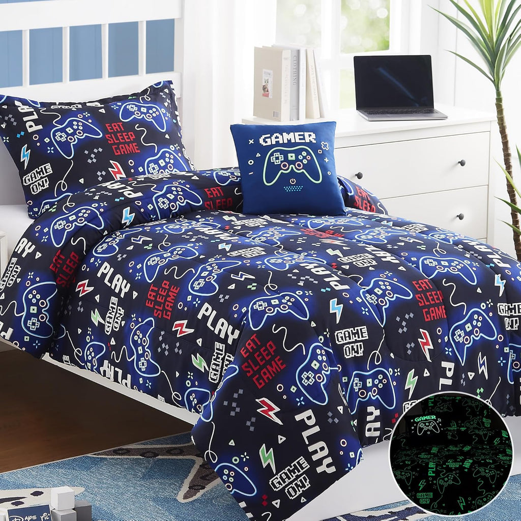 Kids Comforter Set for Boys, Glow in The Dark Gamer Bedding Set 1 Comforter, 1 Decor Pillow, 1 Pillow Sham