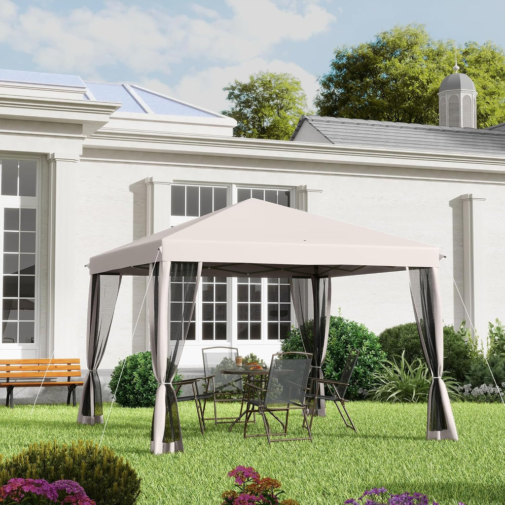 10' x 10' Pop Up Canopy Tent with Netting, Instant Gazebo, Screen House Room with Carry Bag, Height Adjustable Beige