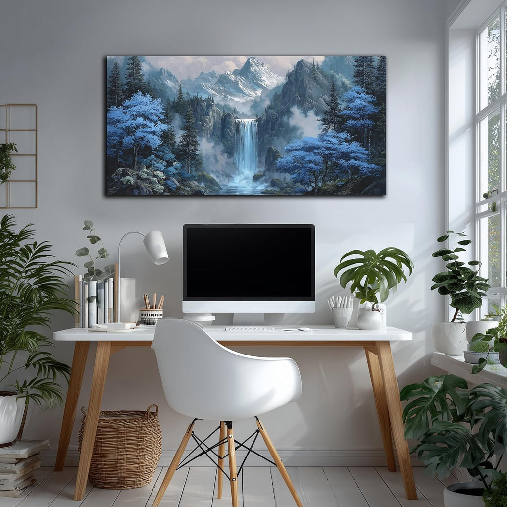 Blue Tree Forest Waterfall Wall Art Nature Landscape Canvas Print Painting Modern Home Office Living Room Decor