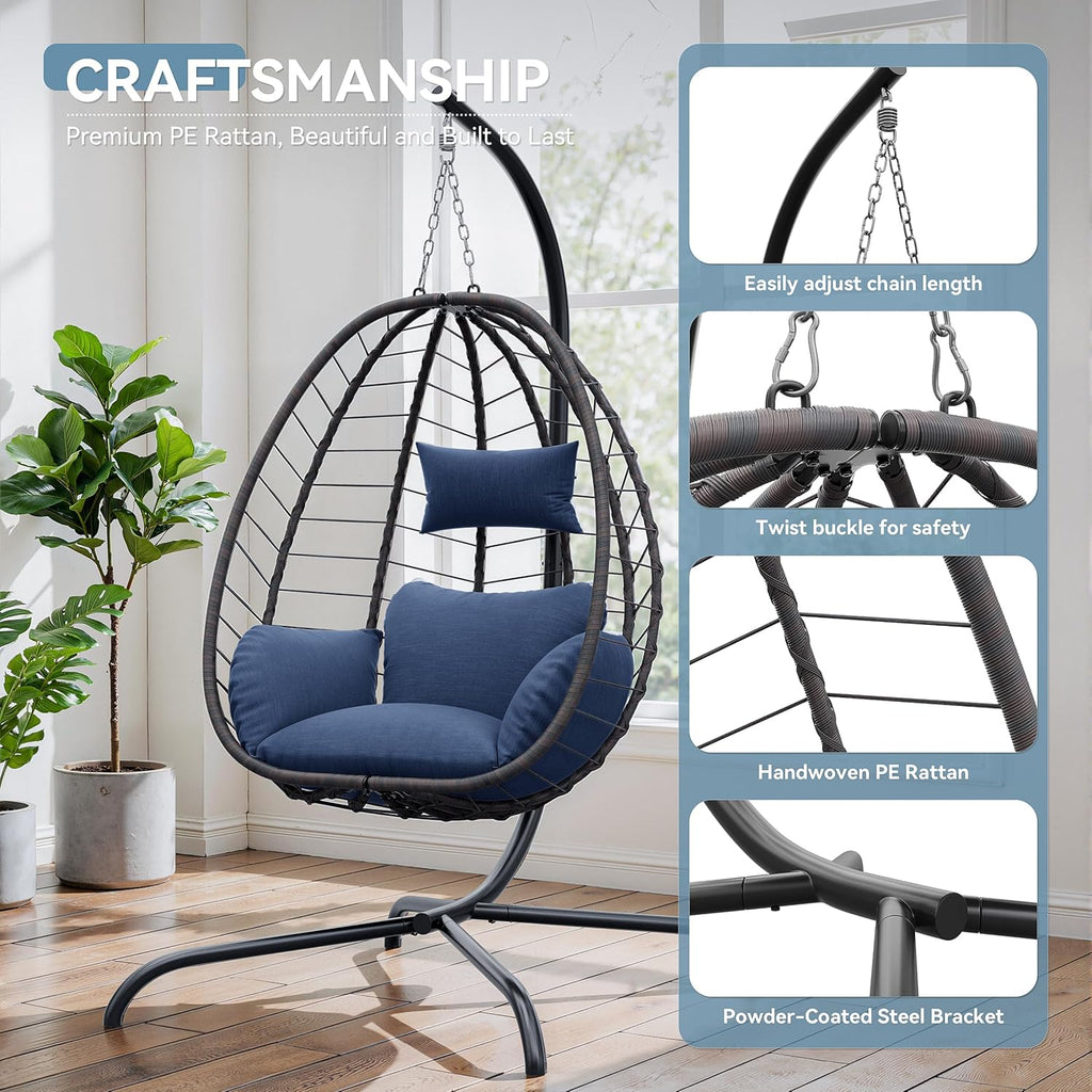 Foldable Egg Chair with Stand, 485LBS Capacity Wicker Rattan Hammock Swing Chair for Outdoor & Indoor, Patio Hanging