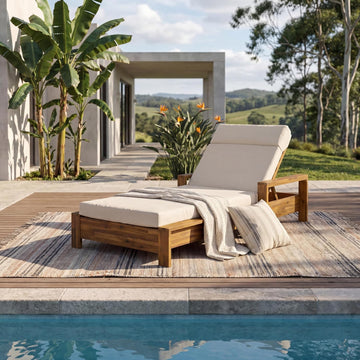 Teak Finish Acacia Wood Outdoor Chaise Lounge Frame Set with Armrests, 3-Position Adjustable Recliner, 4-Fold Beige