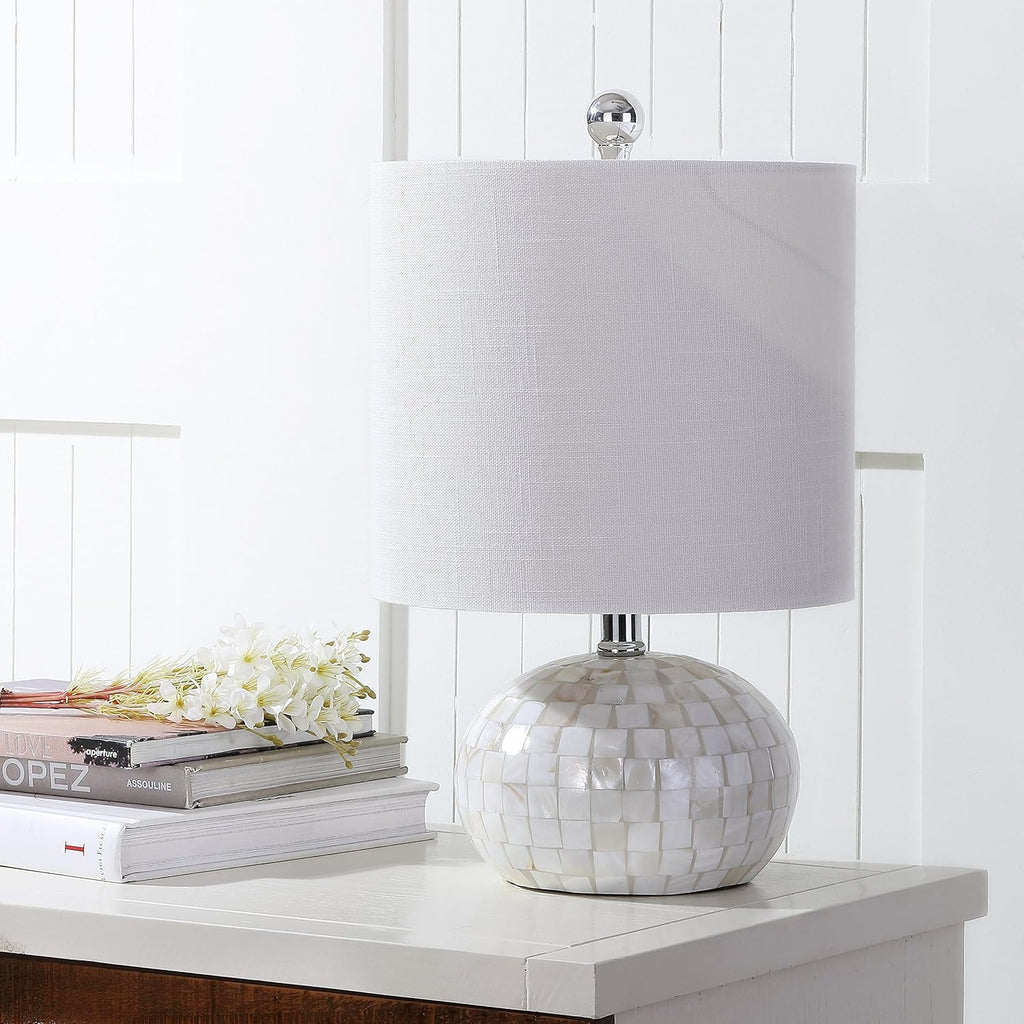 16" Coastal Capiz Shell Mosaic Table Lamp Living Room, White Linen Shade, Transitional Cottage Nightstand Lamp
