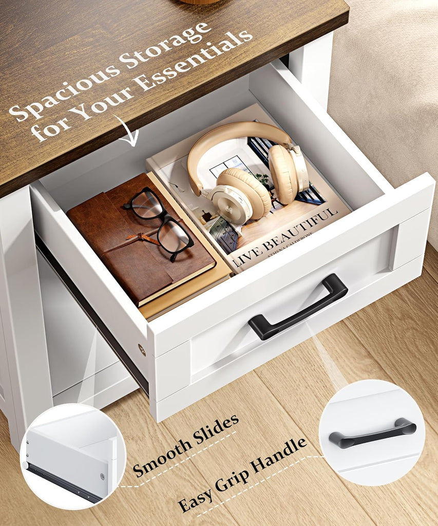 Farmhouse Nightstand with Charging Station & Large Storage, Set of 2 Modern End Tables with Outlets, USB Ports and