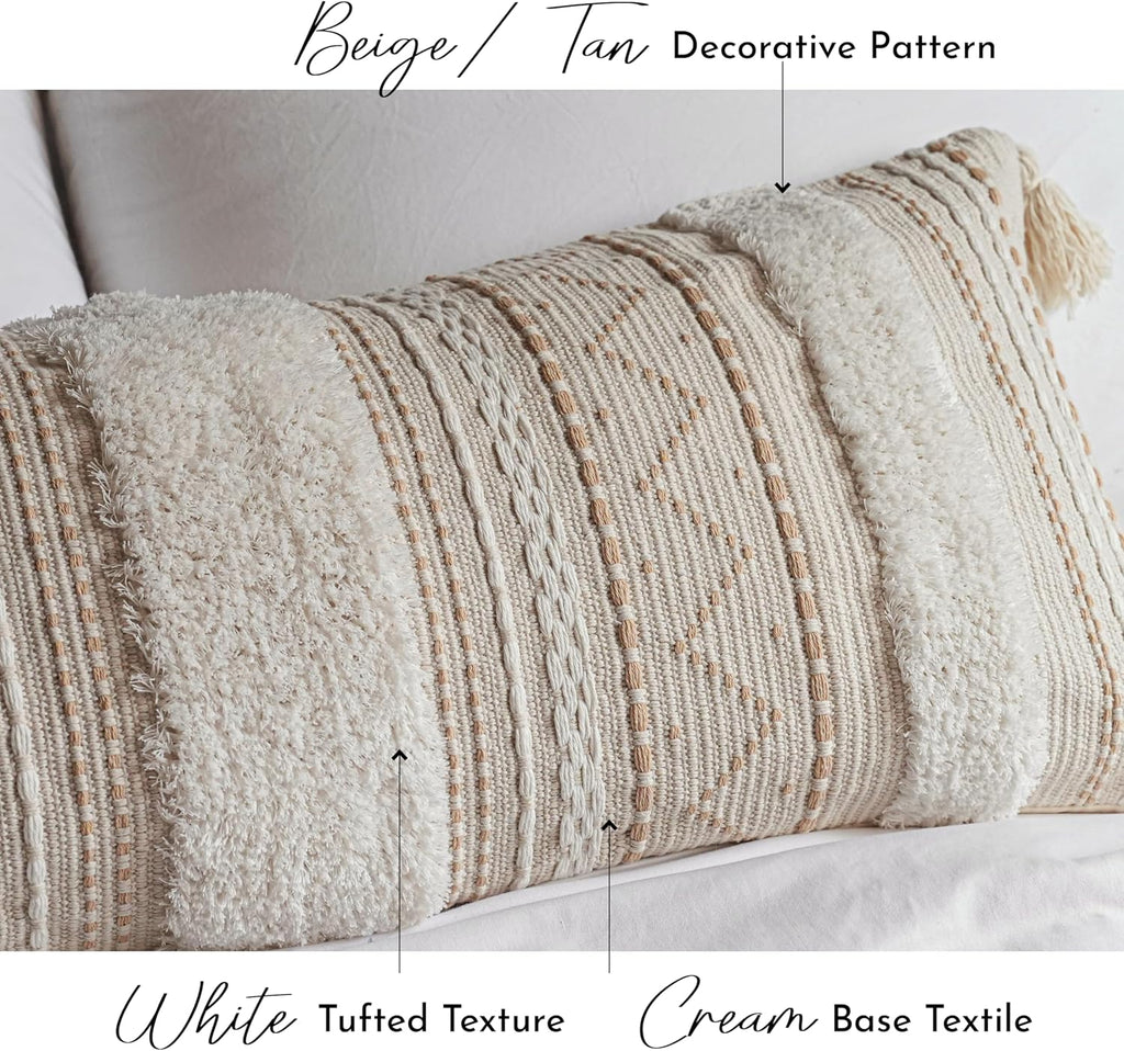 14x36 Lumbar Pillow Cover, Rectangular Long Decorative Throw Pillowcase, Boho Accent Cushion with Tufted Pattern and