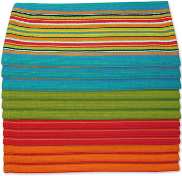 Salsa Stripe Kitchen Dish Towels | 100% Natural Absorbent Cotton Waffle Towels | Multi-Purpose Festive Red, Orange