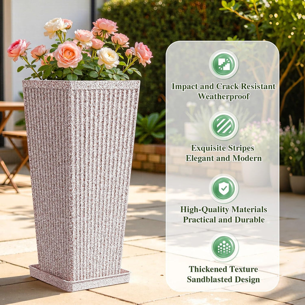 24" Tapered Tall Planters for Outdoor Plants with Tray&Shelf, Red | Resin PP Weather-Resistant Material, Stone&Fluted