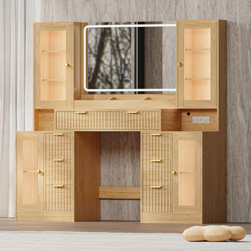 Fluted Makeup Vanity Desk with Mirror and Lights, 55" Glass Top Vanity with 8 Drawers & 4 RGB Glass Cabinets
