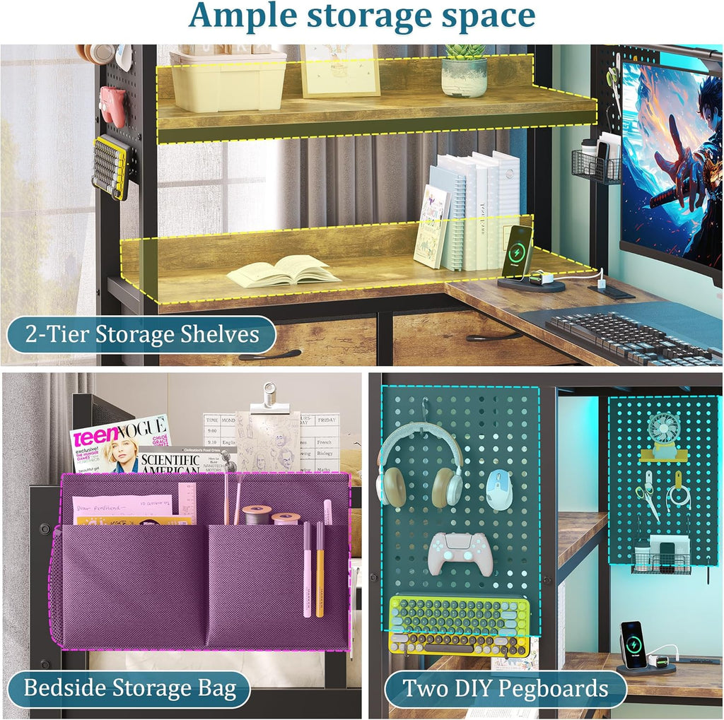 Loft Bed with Desk,Twin Loft bed with 5 Storage Drawers & 2 open Shelves & LED Light and Charging Station,Loft Bed