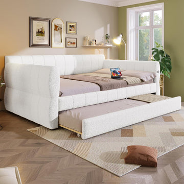 Queen Size Daybed with Trundle, Upholstered Daybed with USB Ports, Fleece Upholstered Platform Bed Frame with Twin XL