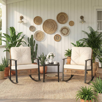 3-Piece Outdoor Rocking Chairs Bistro Set, Rattan Patio Furniture with Thick Warm Beige Cushions & 2-Tier Storage