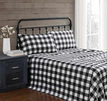 Buffalo Check Flannel 4-Piece Sheet Set in White and Black, Cotton, Adult, All Season, Oeko-TEX Certified