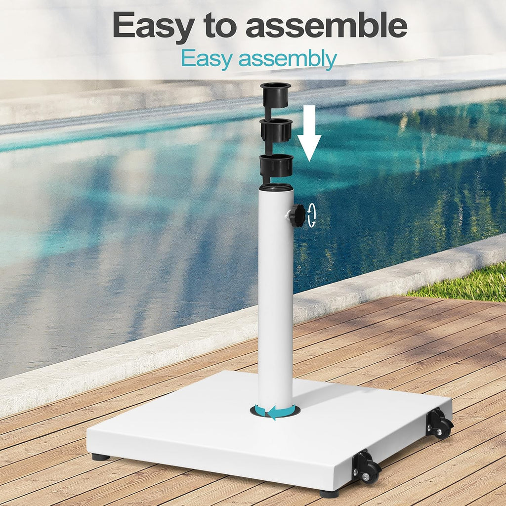 Patio Umbrella Base 43lbs Outdoor Umbrella Stand with Wheels, Heavy Duty Square Concrete Stand Market Umbrella, White