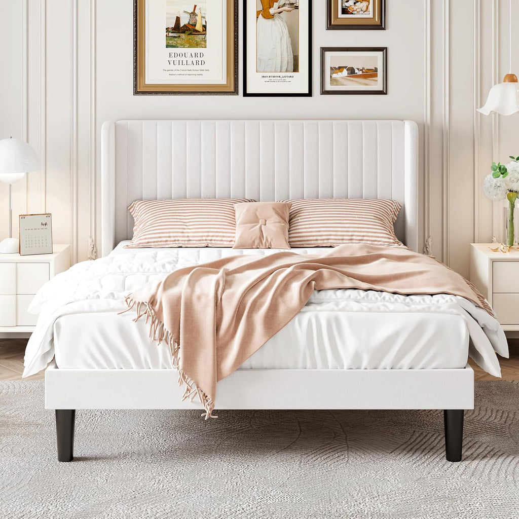 Queen Velvet Bed Frame with Vertical Channel Tufted Wingback Headboard, Upholstered Platform Bed with Wood Slats