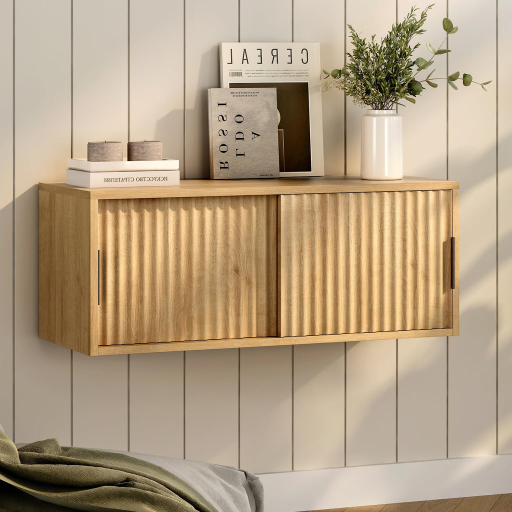 Fluted Floating TV Stand, 30" Multi-Purpose Modern TV Display Shelf Console Entertainment Center Cabinet with Sliding