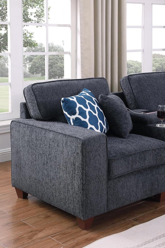 Ball & Cast 127" L-Shaped Sectional Couch with Movable Ottoman & 6 Throw Pillow,7 Seat Chenille Upholstered Sofa W/ 2