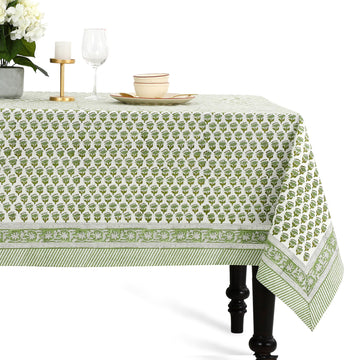 CPC Emerald Green Block Print 100% Cotton Square Tablecloth 60x60 Inch