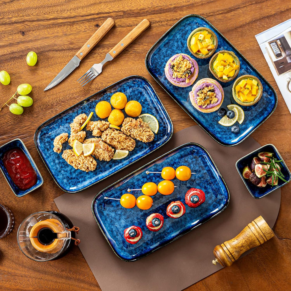 Stern Serving Platters Set of 4, 11 Inches Rectangular Ceramic Serving Plates, Blue Serving Trays for Entertaining
