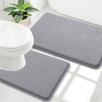 Memory Foam Bathroom Rugs Mats Sets 2 Piece, 24"x20"+30"x20", Grey | U-Shaped Toilet Rug Set, Non-Slip Quick Dry