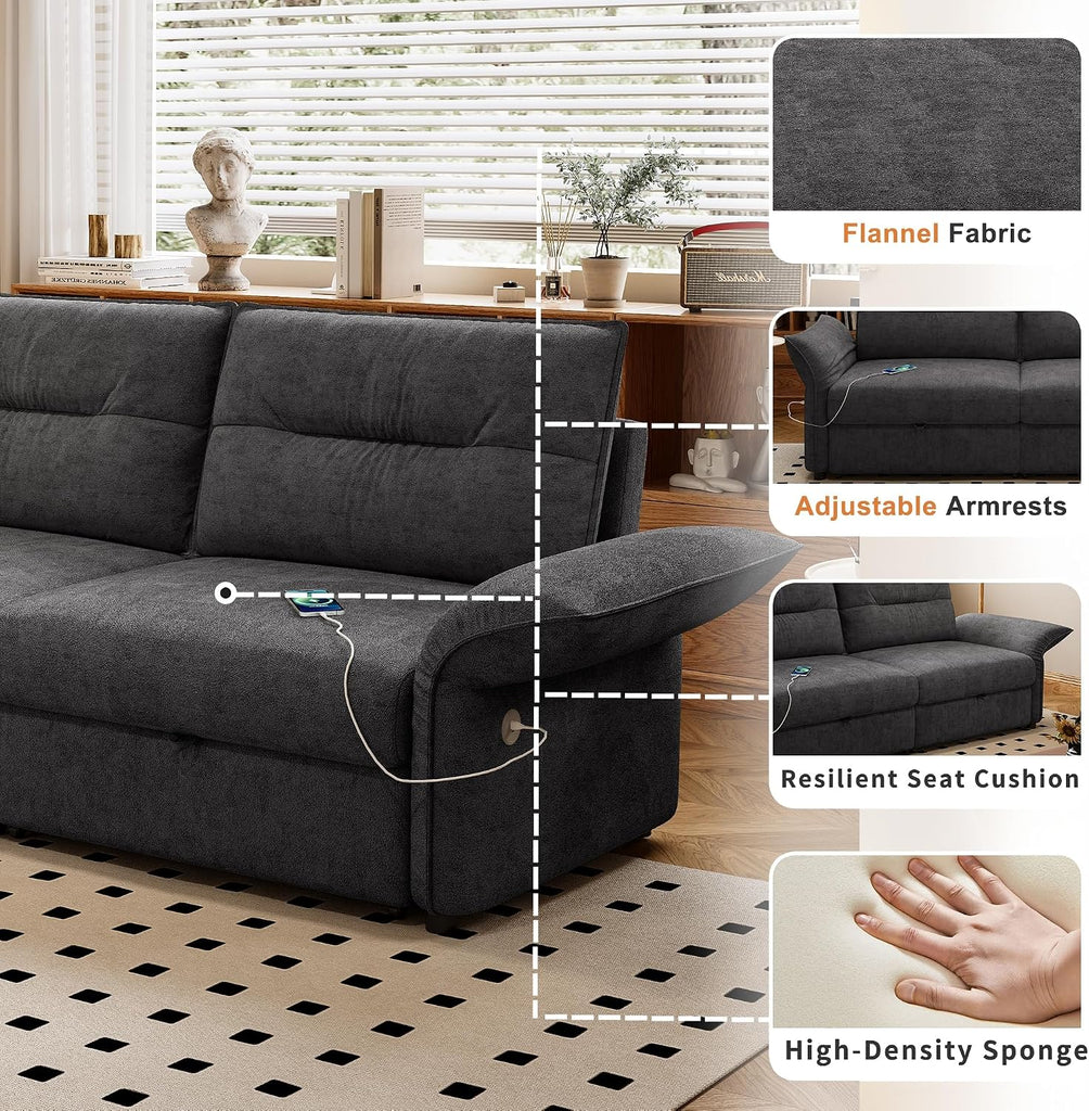 85'' Full Size Sleeper Sofa, Flannel Pull Out Couches, Flannel Dark Grey | 3 in 1 Convertible Sofa, Assembly for