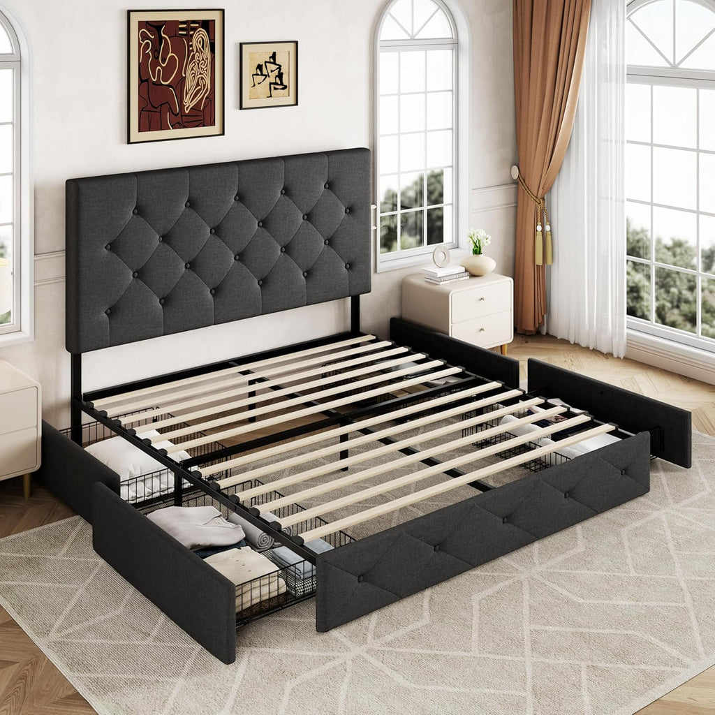 Upholstered Queen Platform Bed Frame with 4 Storage Drawers and Headboard, Diamond Stitched Button Tufted
