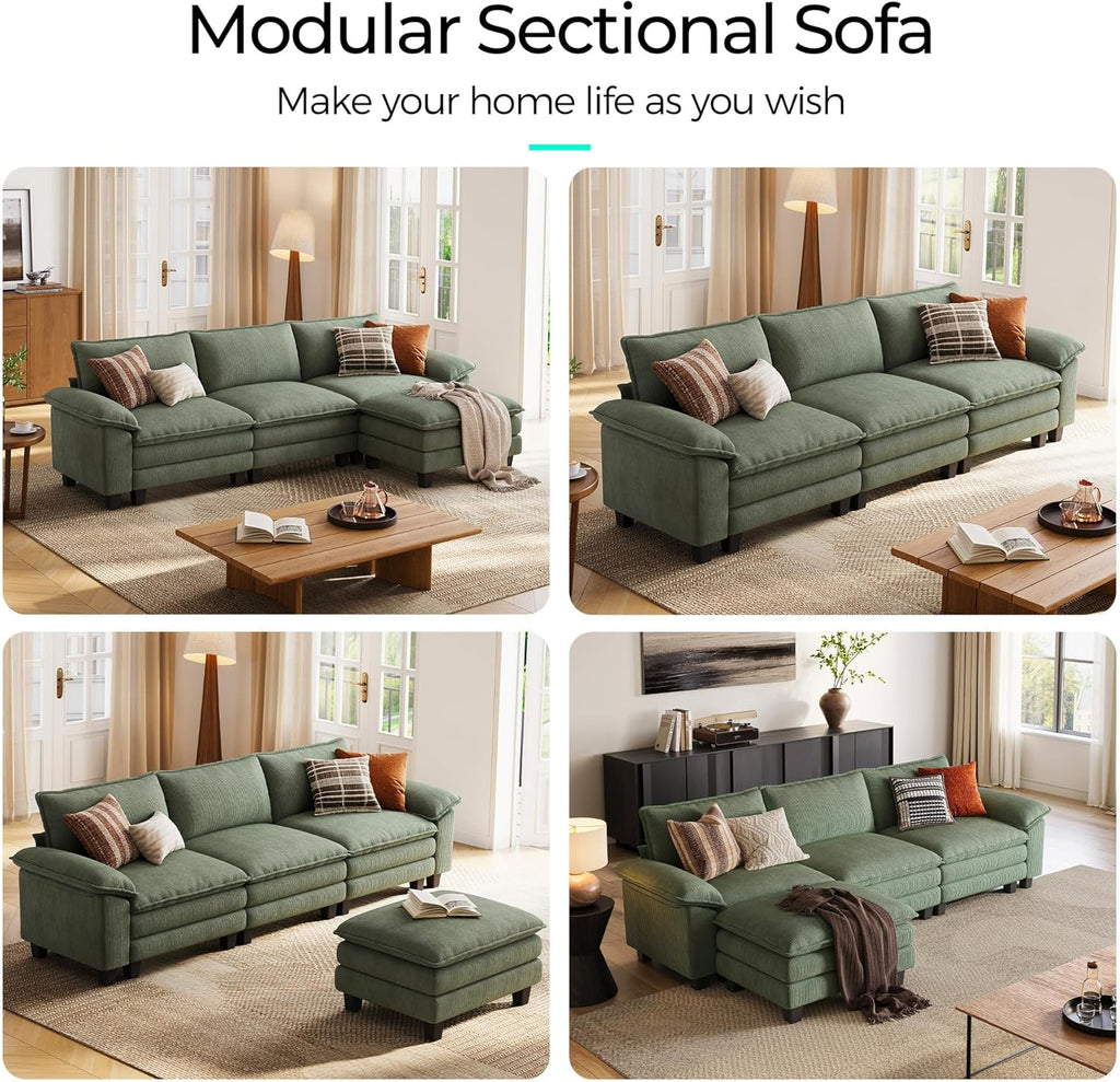 HOME 123'' Modular Sectional Sofa Green Couch Corduroy Cloud Couches for Living Room