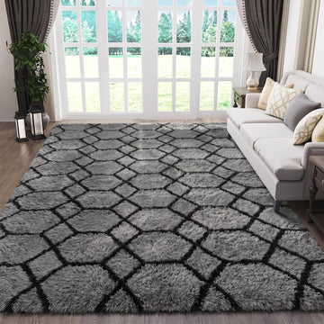 6x9 Area Rugs Bedroom, Fluffy Grey and Black Geometric Rug
