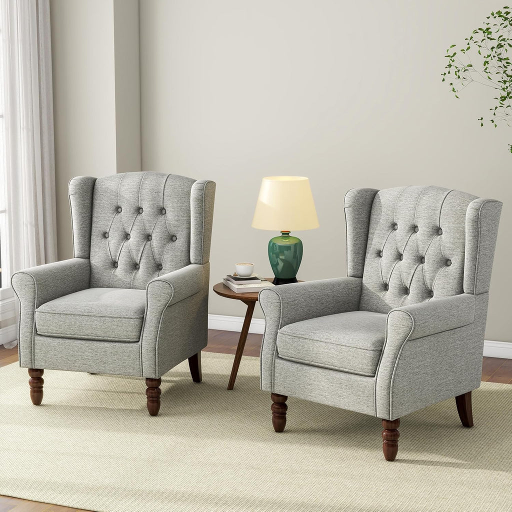 Button Tufted Wingback Accent Chair, Light Grey, Set of 1 | High Back with Side Wings | Armrest Nailhead Trim | Solid