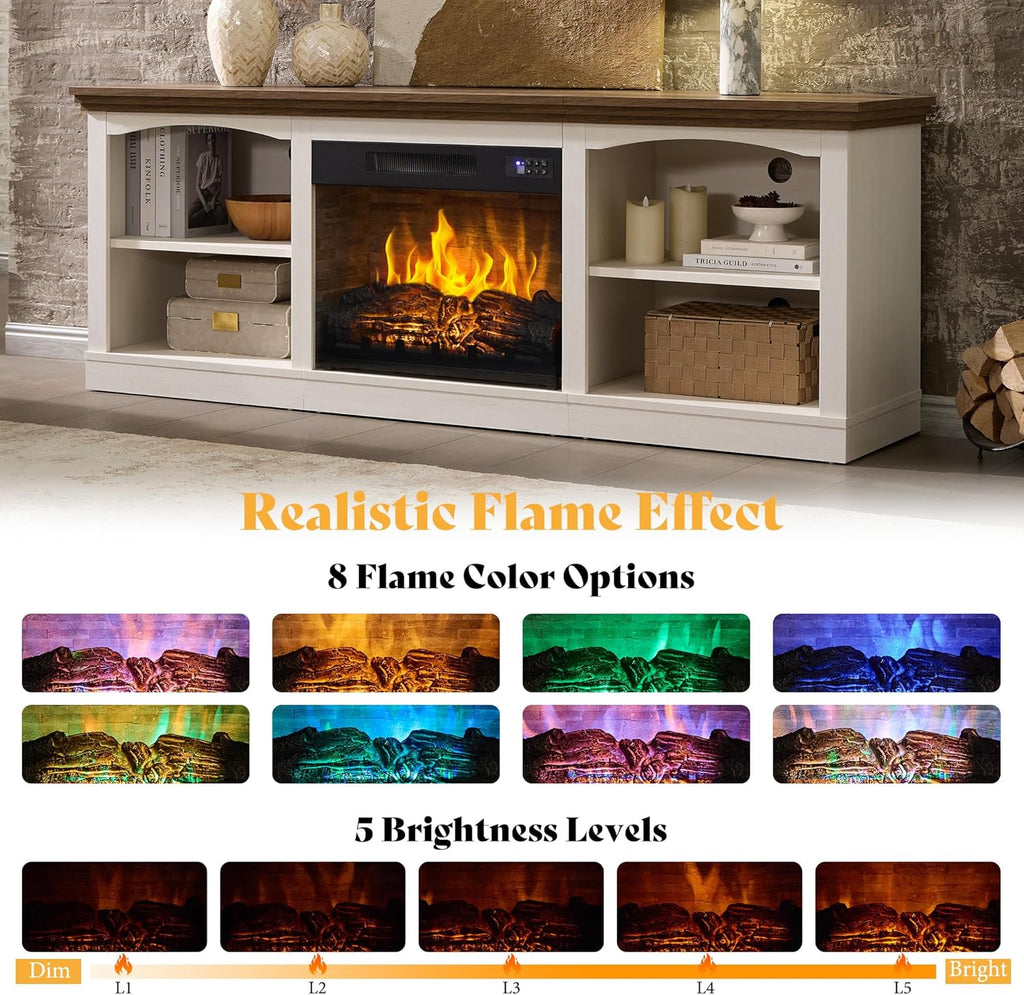 70" Farmhouse Fireplace TV Stand for TVs up to 80", Entertainment Center with 23" Fireplace, Open Shelves, One-Box