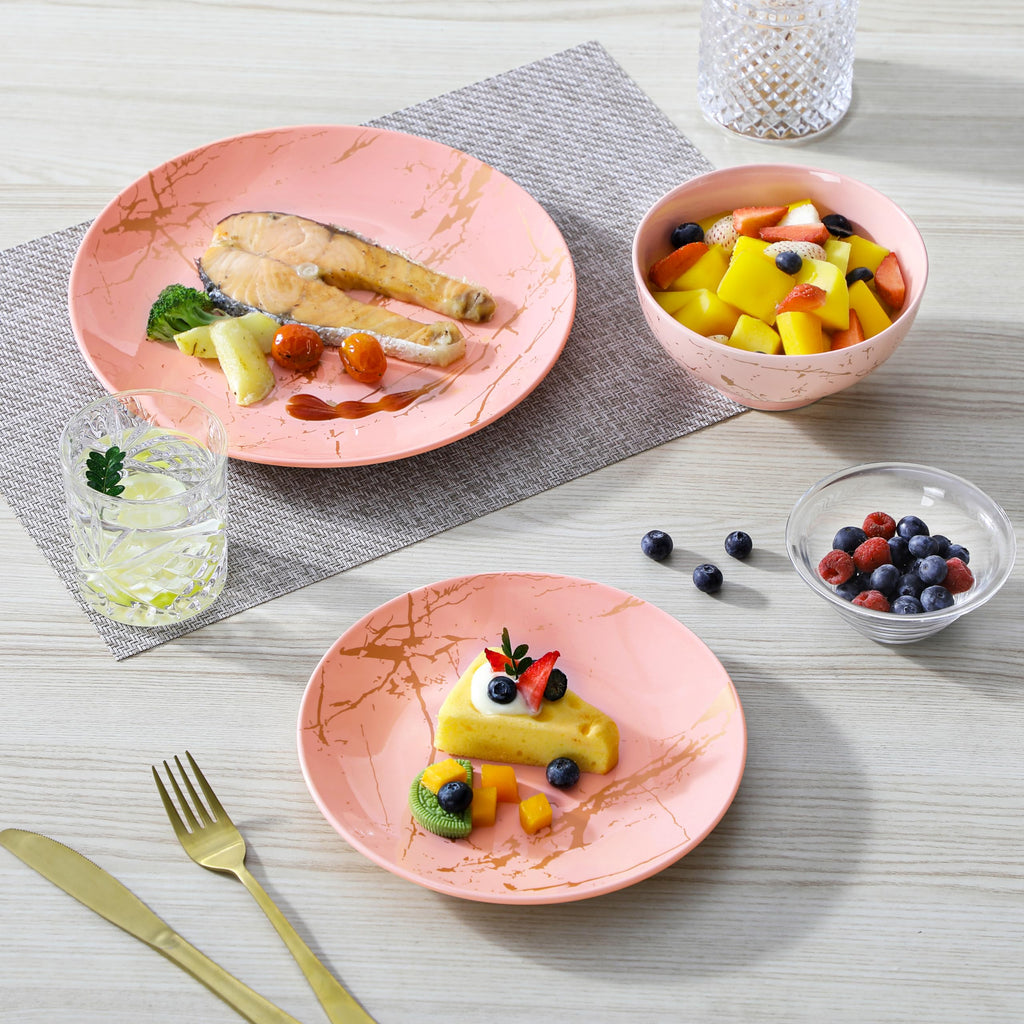 Pink Dinnerware Sets for 4, 12 Piece Porcelain Plates and Bowls Sets, Gold Splash Dish Set, Modern Ceramic Dinner