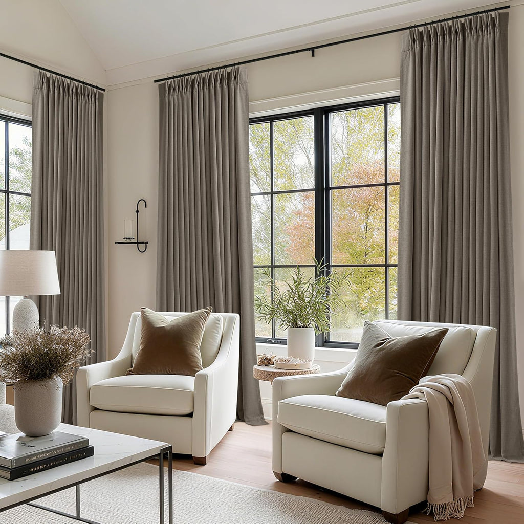 Dark Taupe Blackout Pinch Pleated Curtains 2 Panel Set for Living Room Darkening Thick Linen Textured 100%