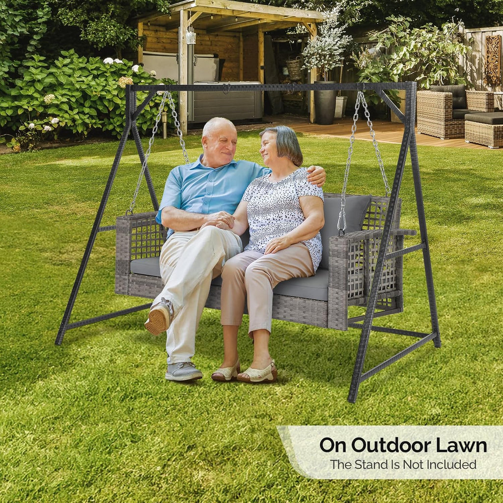4FT Rattan Swing Bench, Outdoor Wicker Hanging Porch Swing (Grey) | 2 Person Patio Bench Swings, Adult Swing for