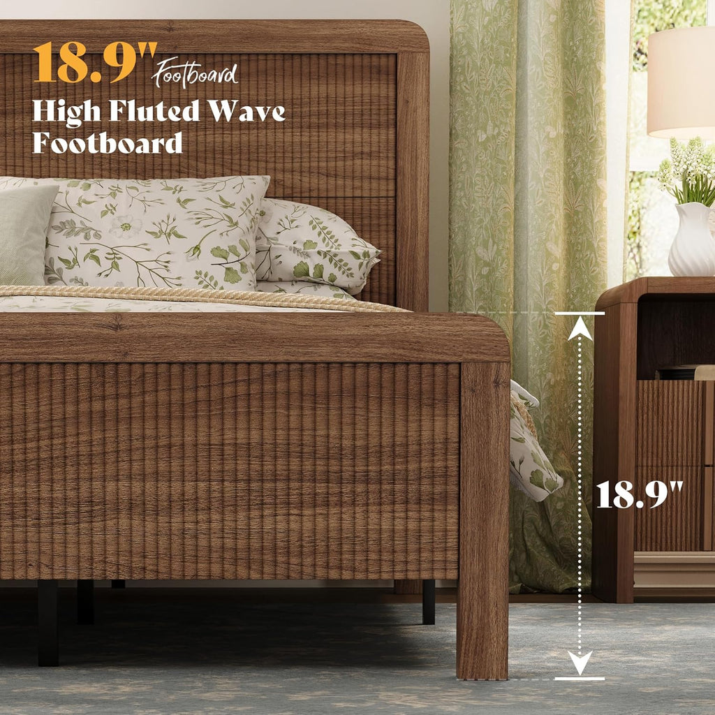 Wood Queen Bed Frame with Headboard & Footboard, Modern Fluted Wooden Platform Bedframe, Easy Assembly, Brown