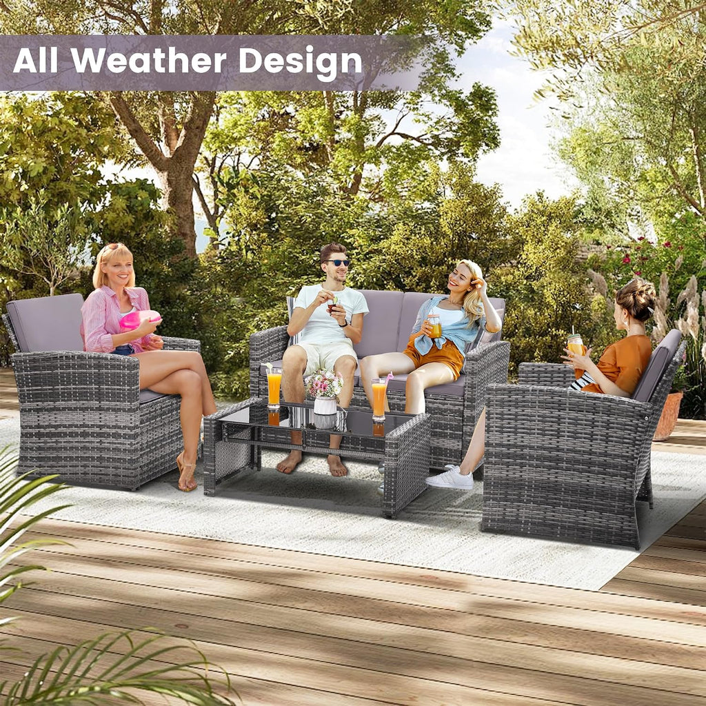 4 Piece Patio Furniture Set, Outdoor Wicker Conversation Set | Washable Cushions, 2 Armchairs + Loveseat Sofa +