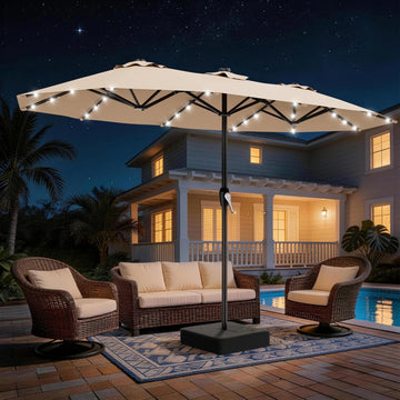 15FT Patio Umbrella with Solar Lights, Double Sided Outdoor Table Umbrellas with Crank