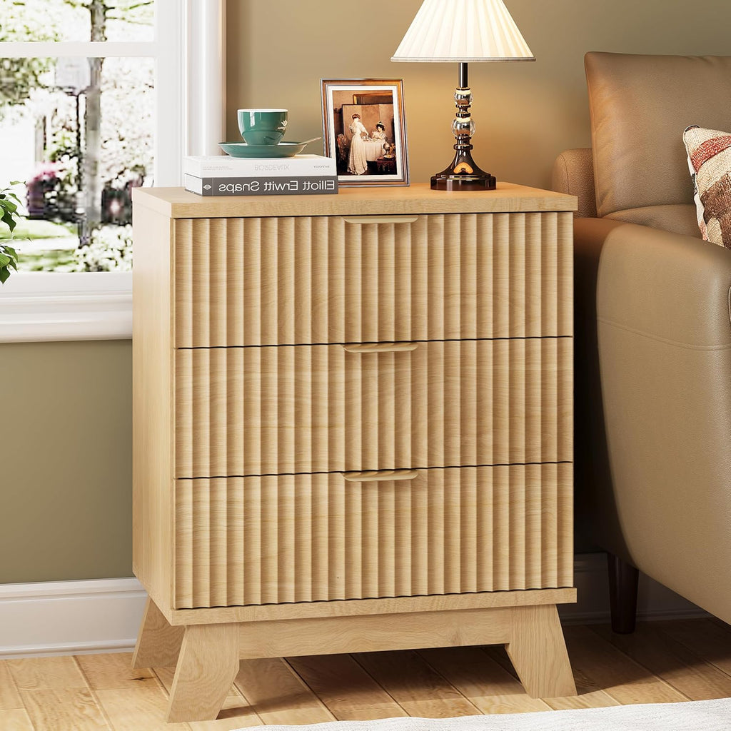 Fluted Nightstand, 24" Wide Side Table with 3 Large Storage Drawers, Mid Century Modern Wood Night Stand with Metal