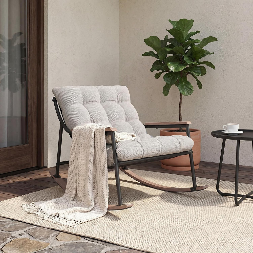 Outdoor Papasan Rocking Chair, All-Weather Rocking Chair with Thickened Cushion, Comfy Patio Reading Lounge for