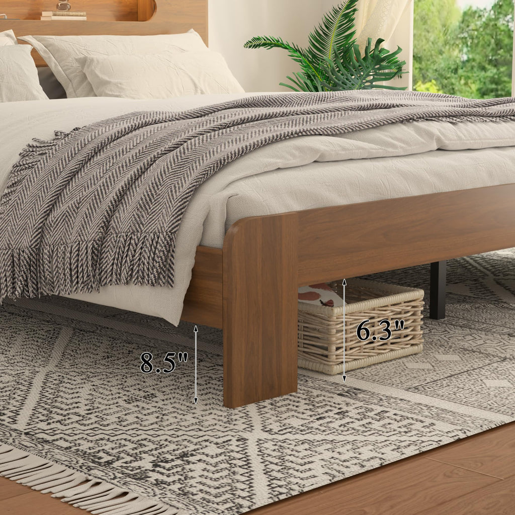 Wooden Queen Bed Frame with Storage Headboard, Farmhouse Platform