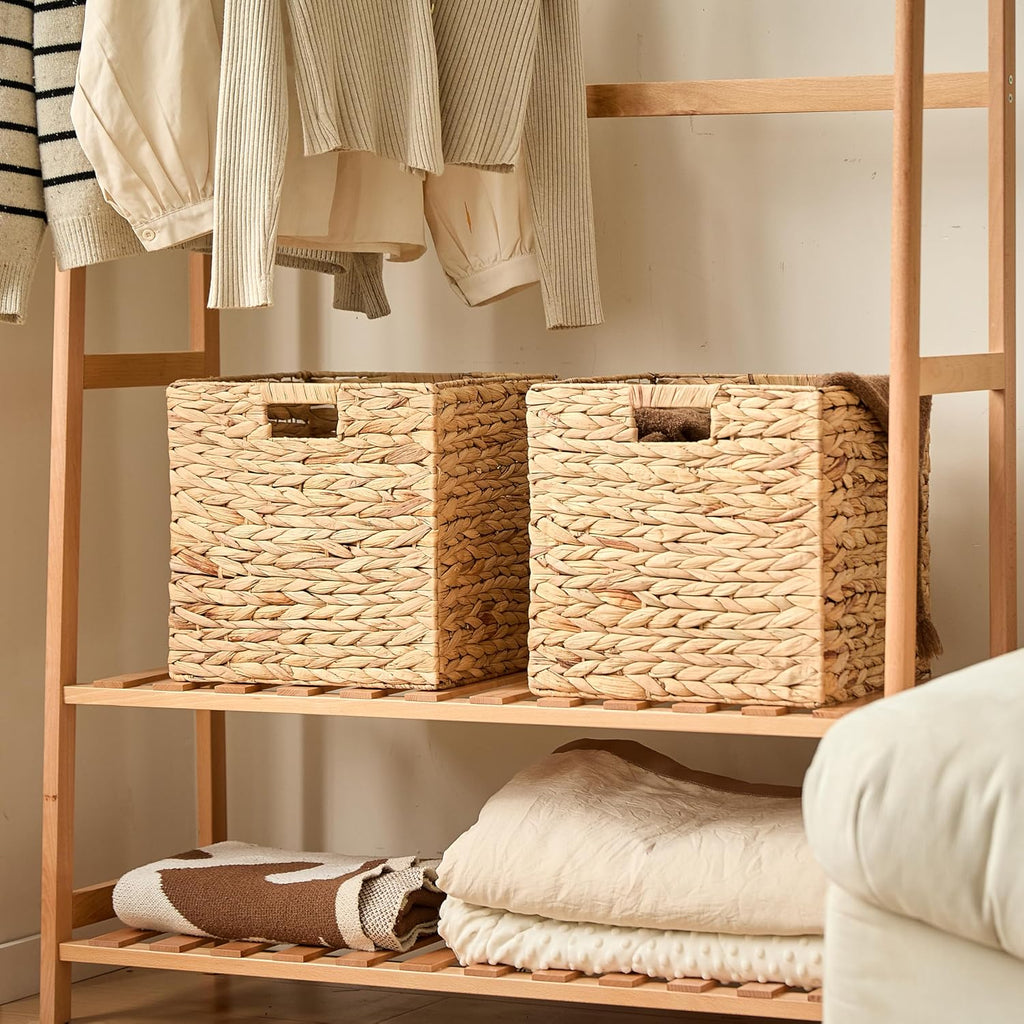 13x13x13 Wicker Storage Basket Set of 4, Water Hyacinth Woven Basket with Handles, Wicker Cube Storage Bins for