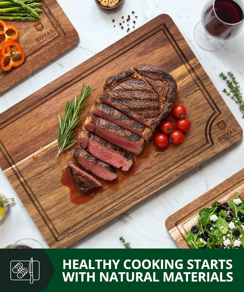 Wooden Cutting Boards Meal Prep & Serving - Bamboo Wood Serving Board Set with Deep Juice Groove Side Handles