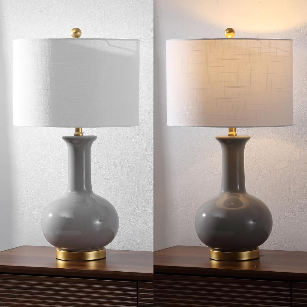 27" Gray/Brass Ceramic Table Lamp Bedroom, Modern Transitional Nightstand Lamp with White Linen Drum Shade