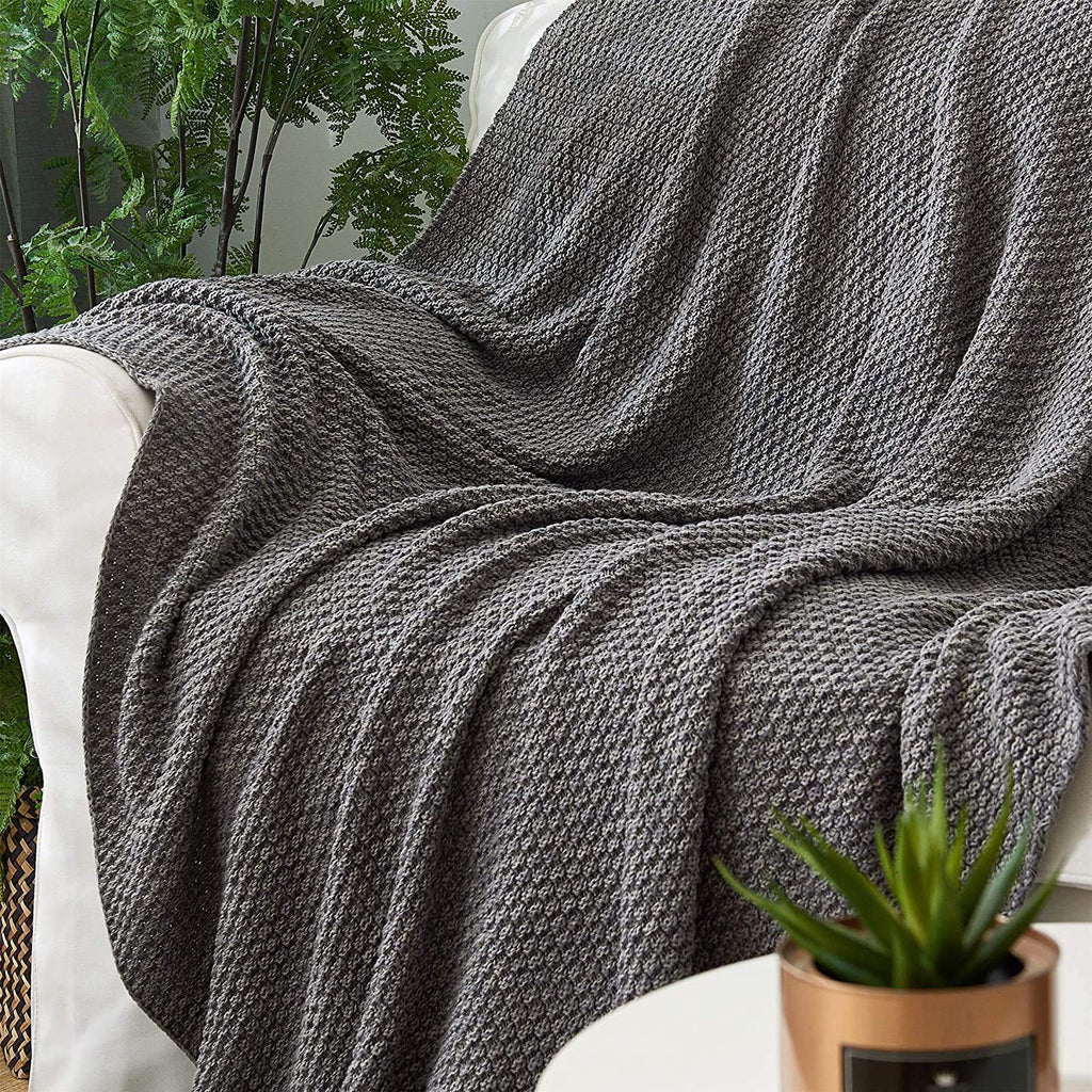 100% Cotton Knitted Throw Blanket - Dark Grey, Soft & Cozy, Machine Washable, 51"x63" - Perfect, Couch, Sofa, Bed or