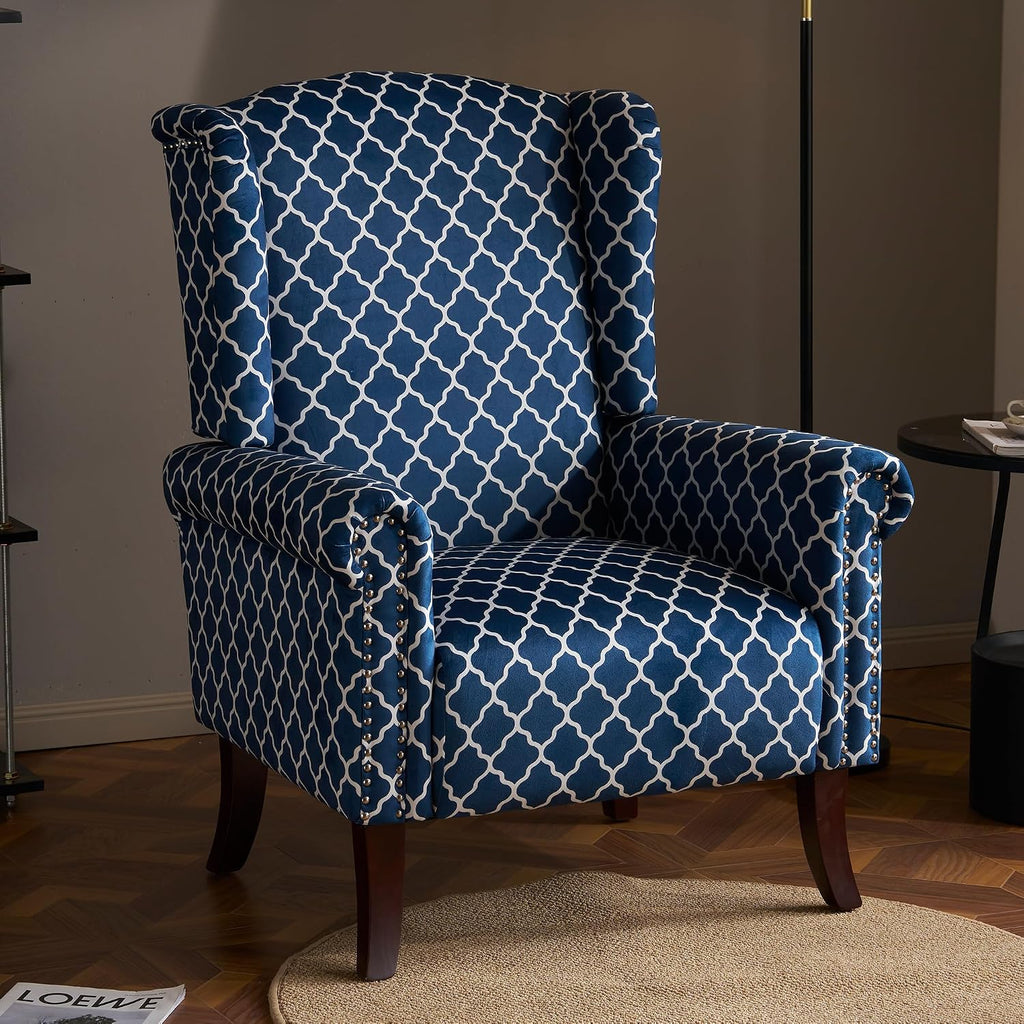 Modern Accent Chair, Comfy Wingback Armchair Blue Plaid Club Chair with Wooden Legs , or Balcony