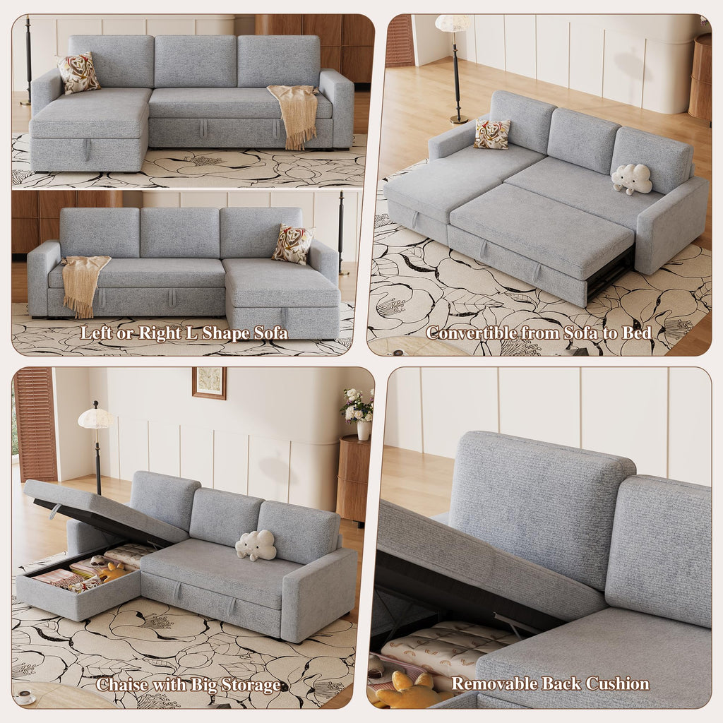 81" L Shaped Convertible Sleeper Sectional Sofa Bed, Light Gray
