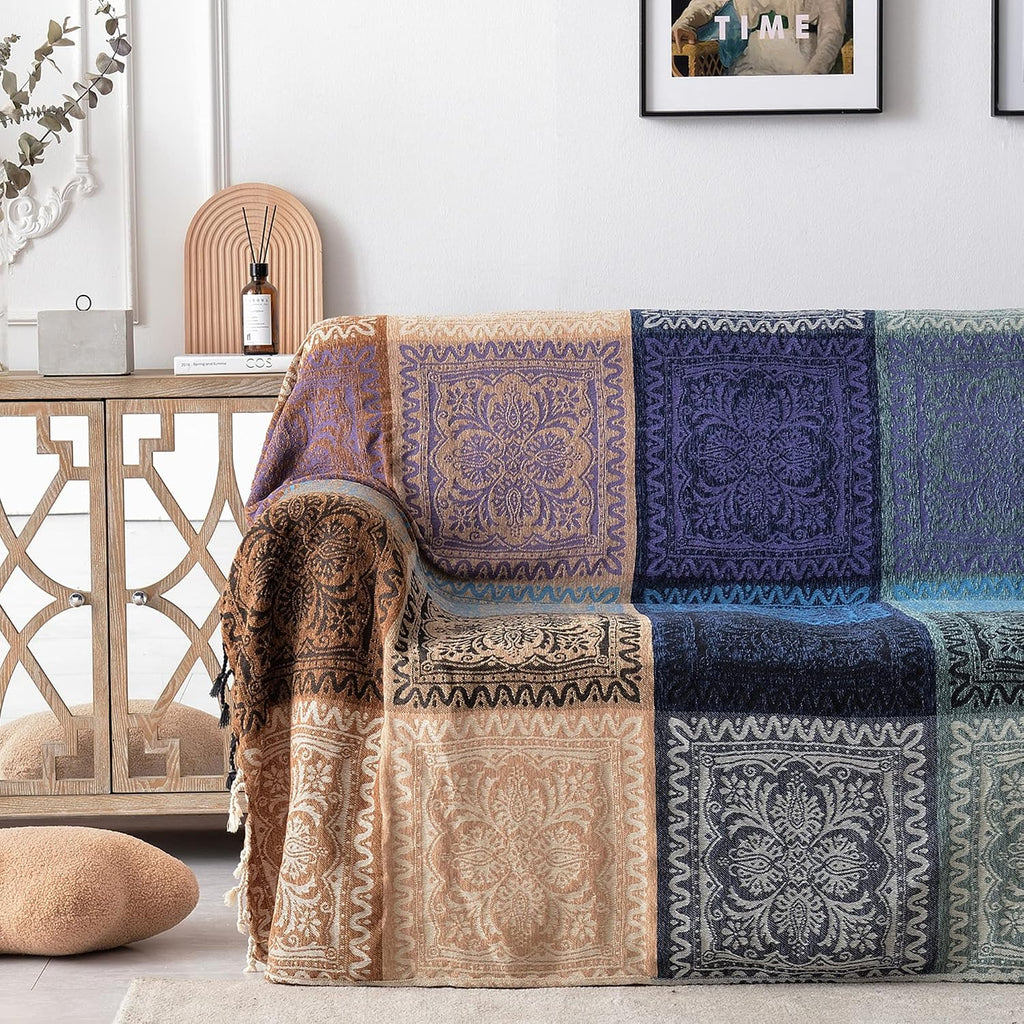 Boho Chair Cover Colorful Chenille Tassels Hippie Throw Blanket, Blanket for Bohemian Living Room Decor Purple(60"*75")