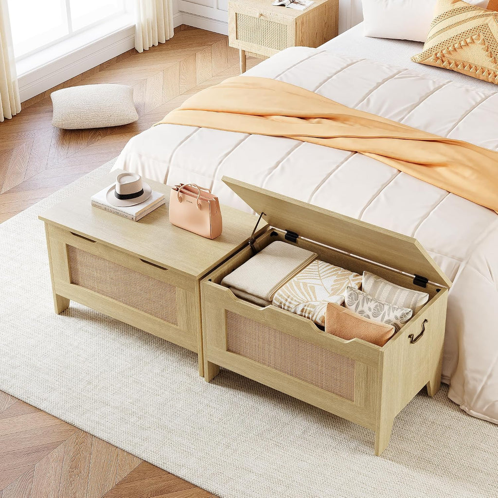 Farmhouse Storage Bench with Seat, 39.4" Wooden Storage Chest with Lid and Safety Hinge, Blanket and Shoe Organizer