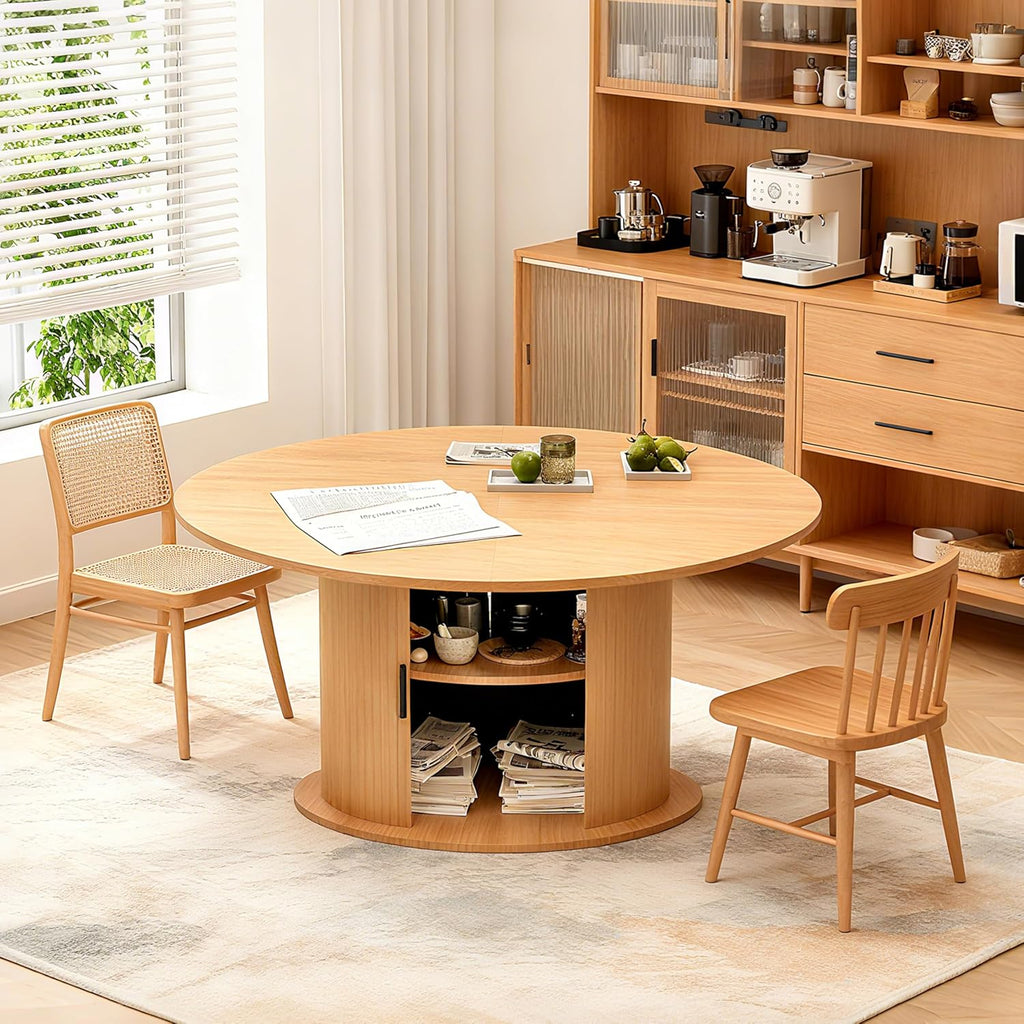 Extendable Round Dining Table for 2-4-6, 63 Inch Dining Room Kitchen Table with 2-Tier Storage Shelf, Modern