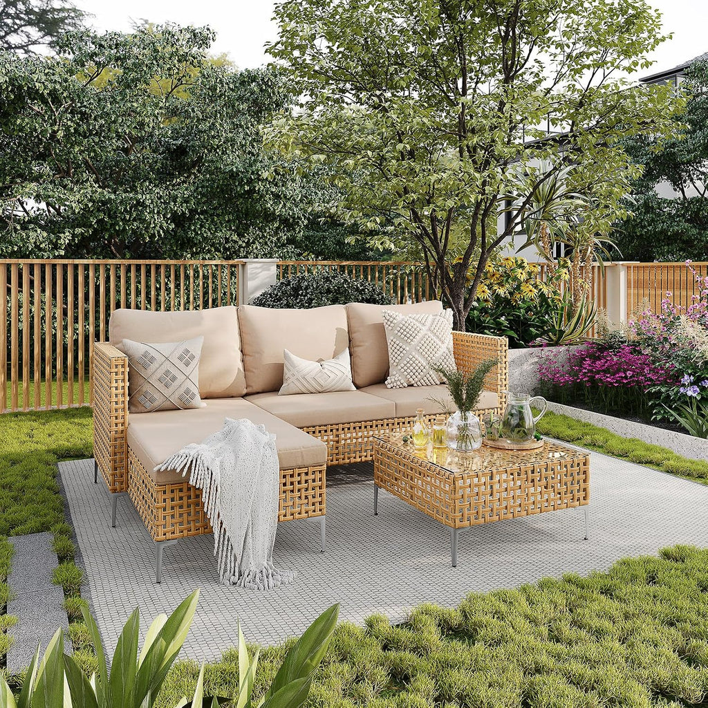 Small L-Shaped Patio Furniture Set - Weather Resistant Wicker Sectional Chaise Sofa with Thick Cushions & Tempered